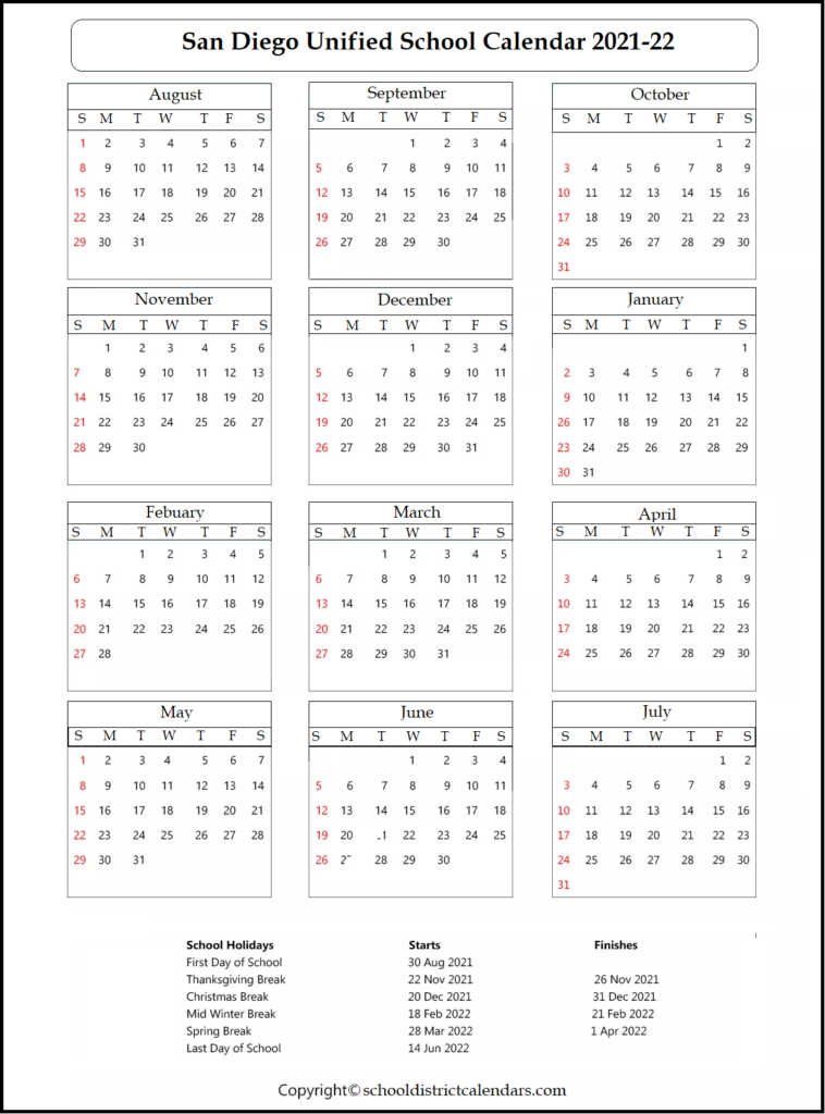 San Diego County School District Proposed Calendar 20212022  School