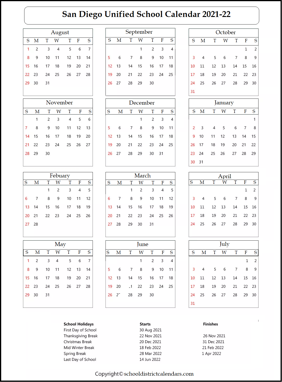 San Diego Unified School District Calendar