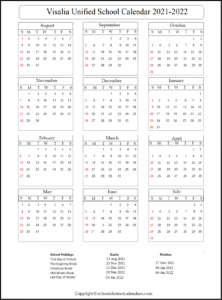 Visalia Unified School District Calendar 2021-2022