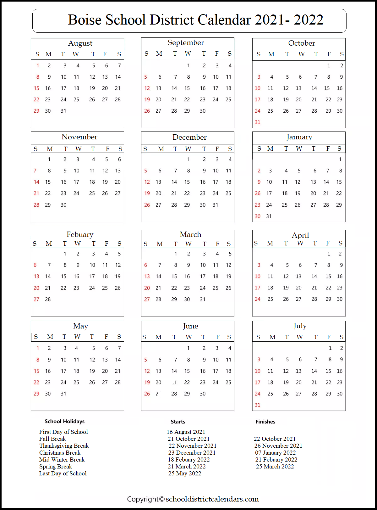 Boise School District Calendar 2021 2022 With Holidays In Pdf School District Calendars