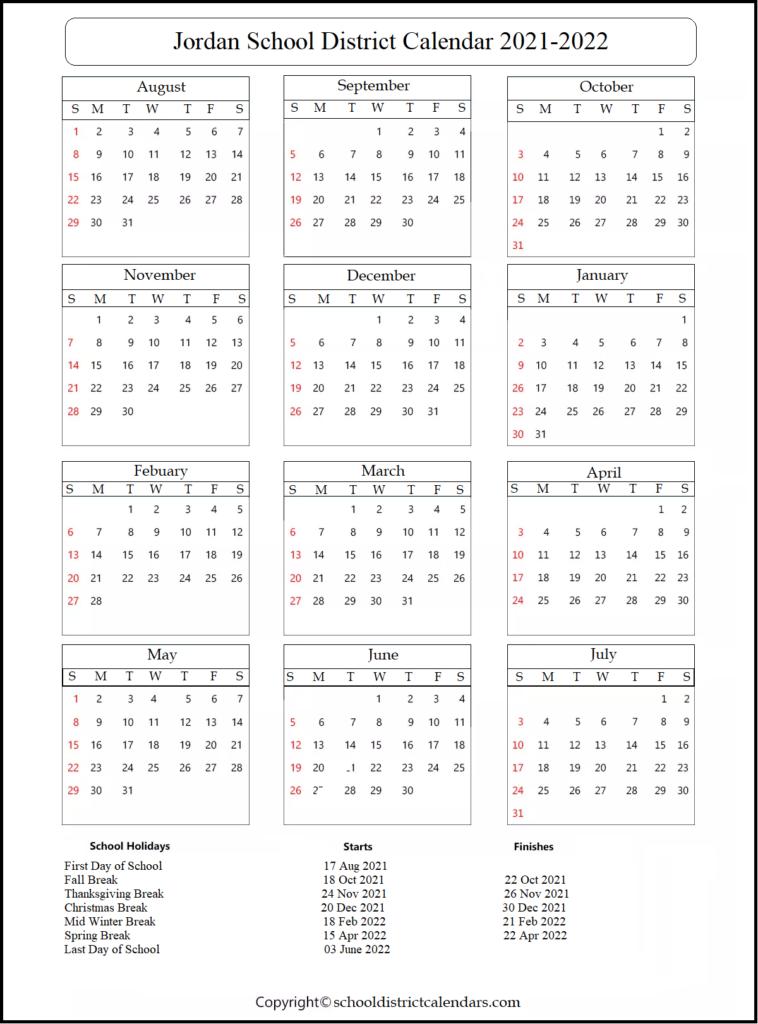 Jordan School District Calendar 2021 2022 School District Calendars