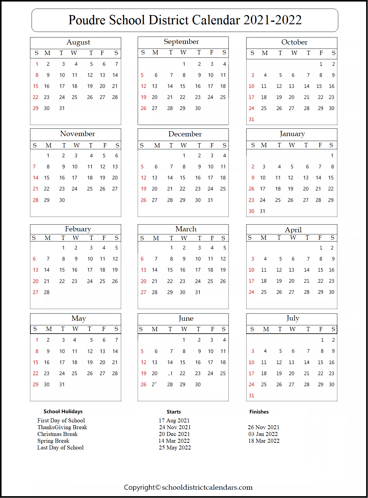 Poudre School District Calendar 2021-2022