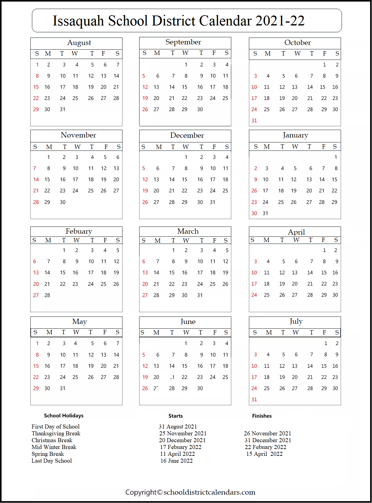 Issaquah School District Calendar 2021 2022 With Holidays In PDF 