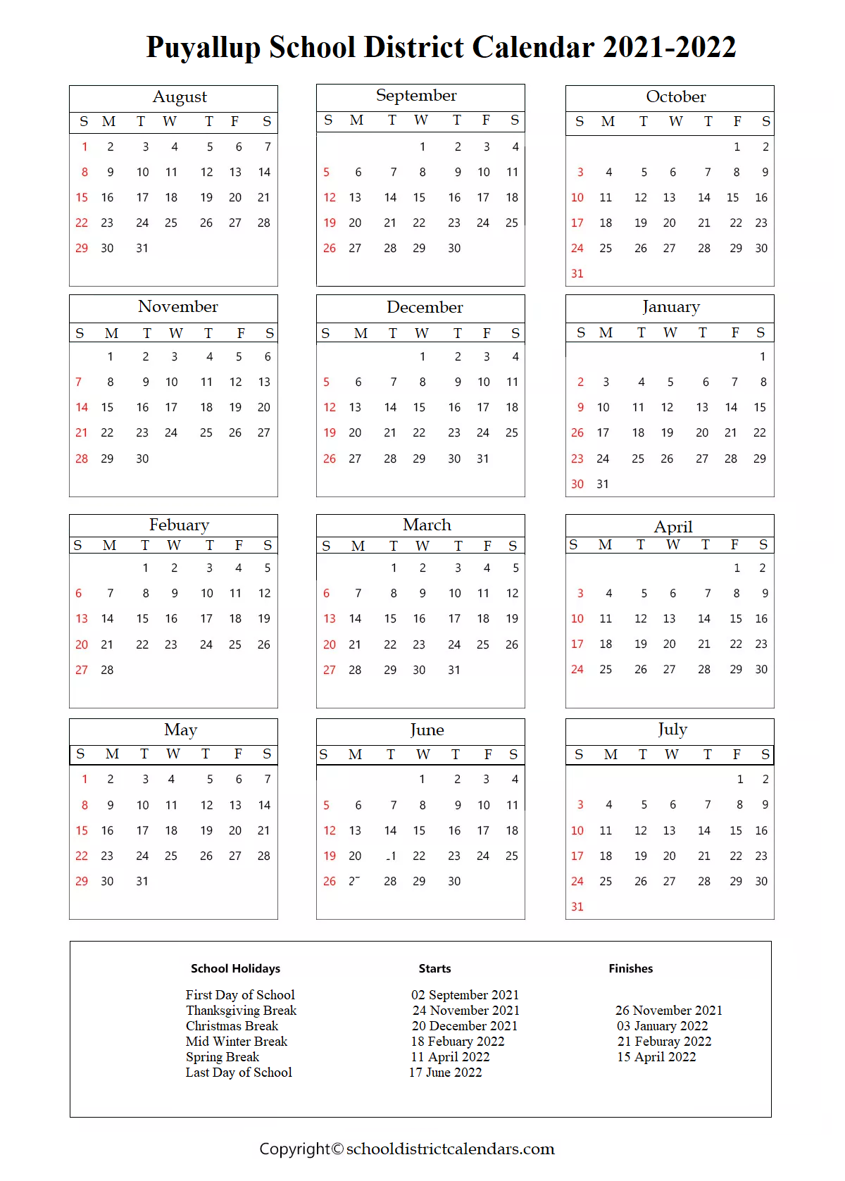 Puyallup School District, Washington Calendar Holidays 2021-2022