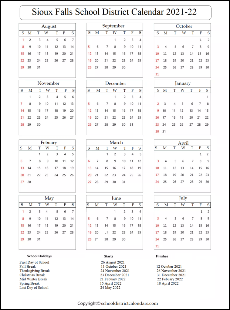 Sioux Falls District School Calendar 20212022 With Holidays School