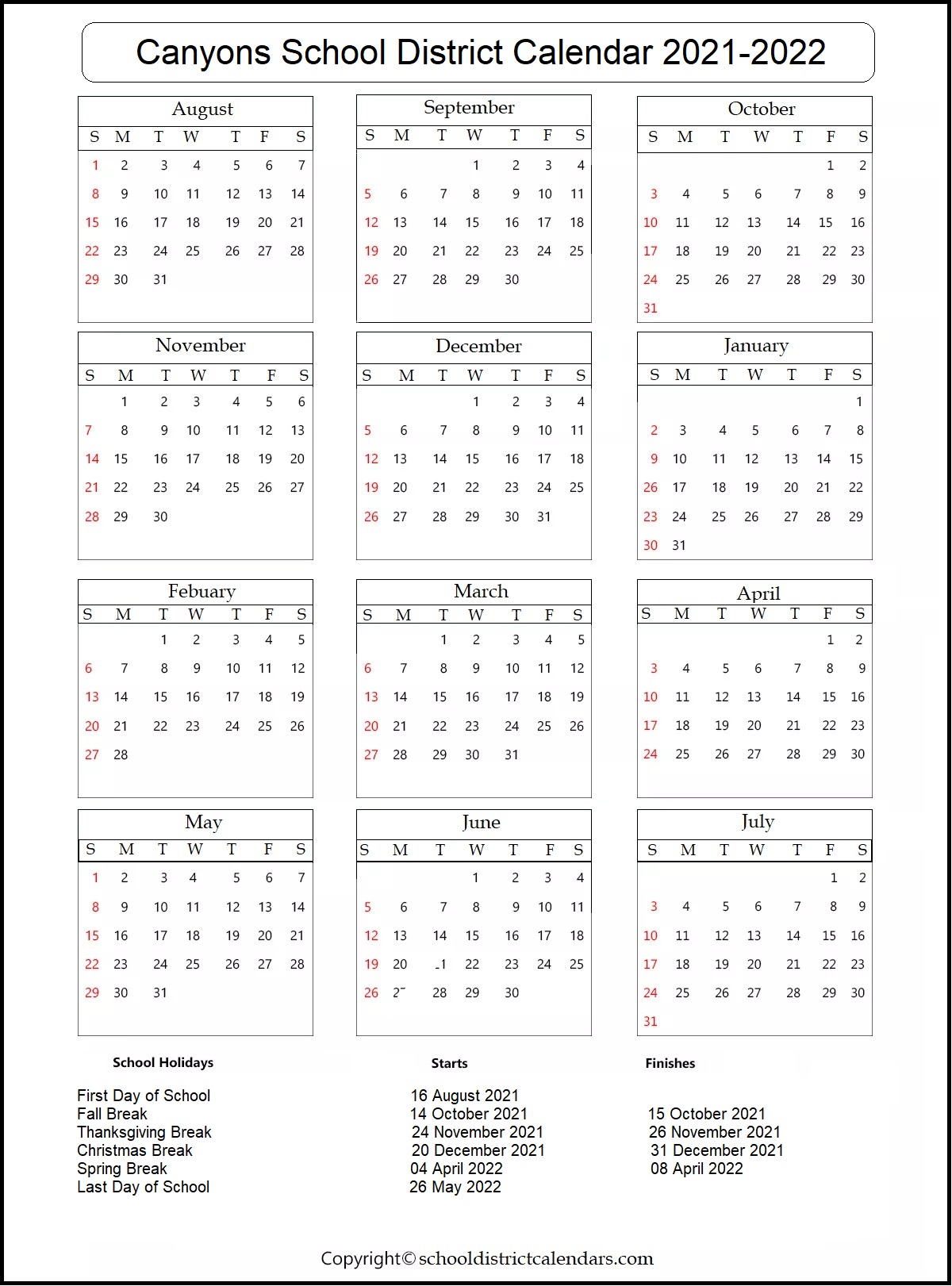 Canyons School District Calendar 20212022 With Holidays School
