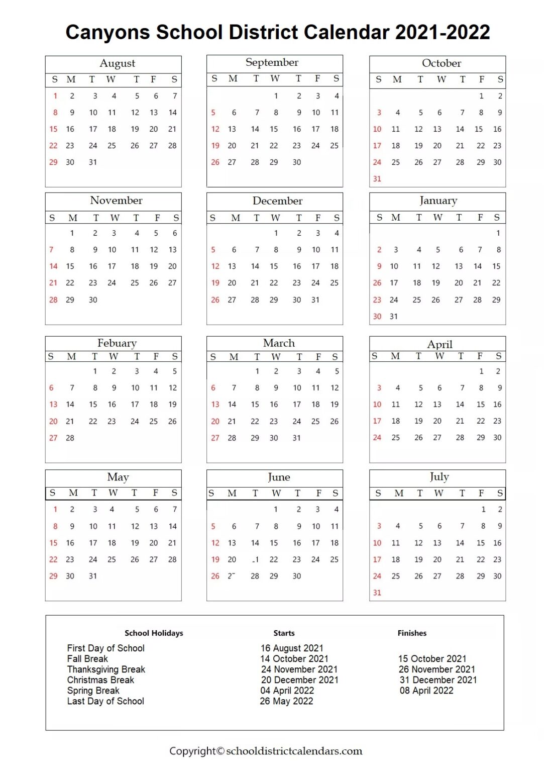 Canyons School District, Utah Calendar Holidays 2021 School District
