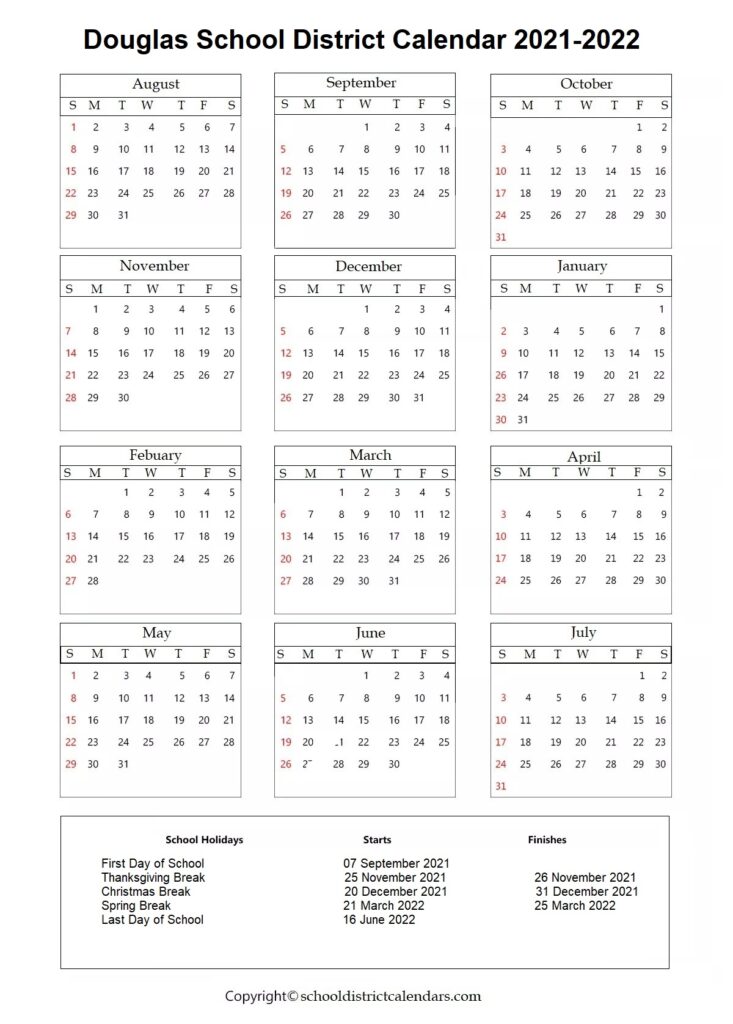 Douglas School County District 2021-2022 Calendar With Holidays
