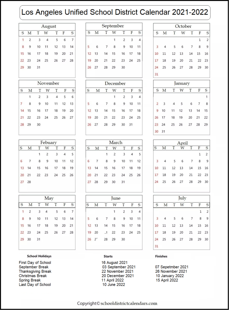 Los Angeles Unified County School District Proposed Calendar 20212022