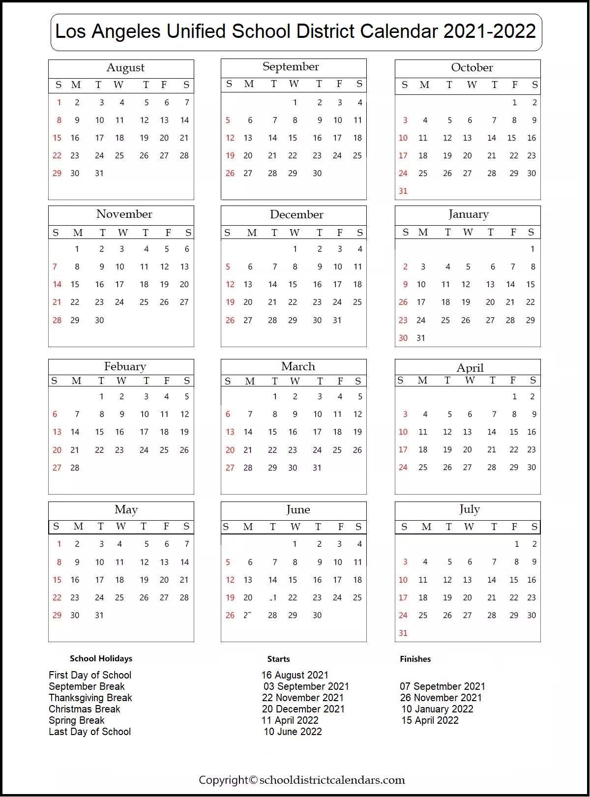Los Angeles Unified School District Calendar 2021-2022