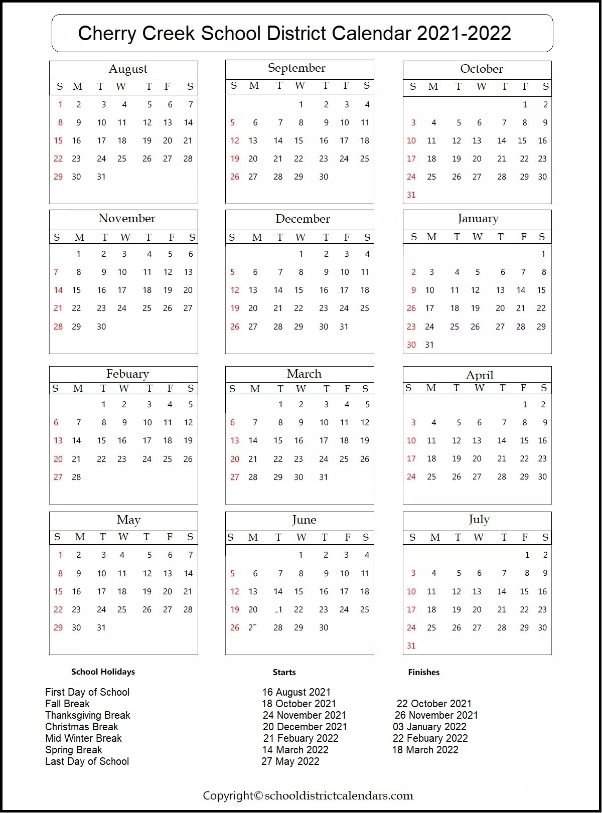 Cherry Creek School District 2021 2022 Holidays Calendar School Cherry Creek School District 2021 2022 Holidays Calendar School