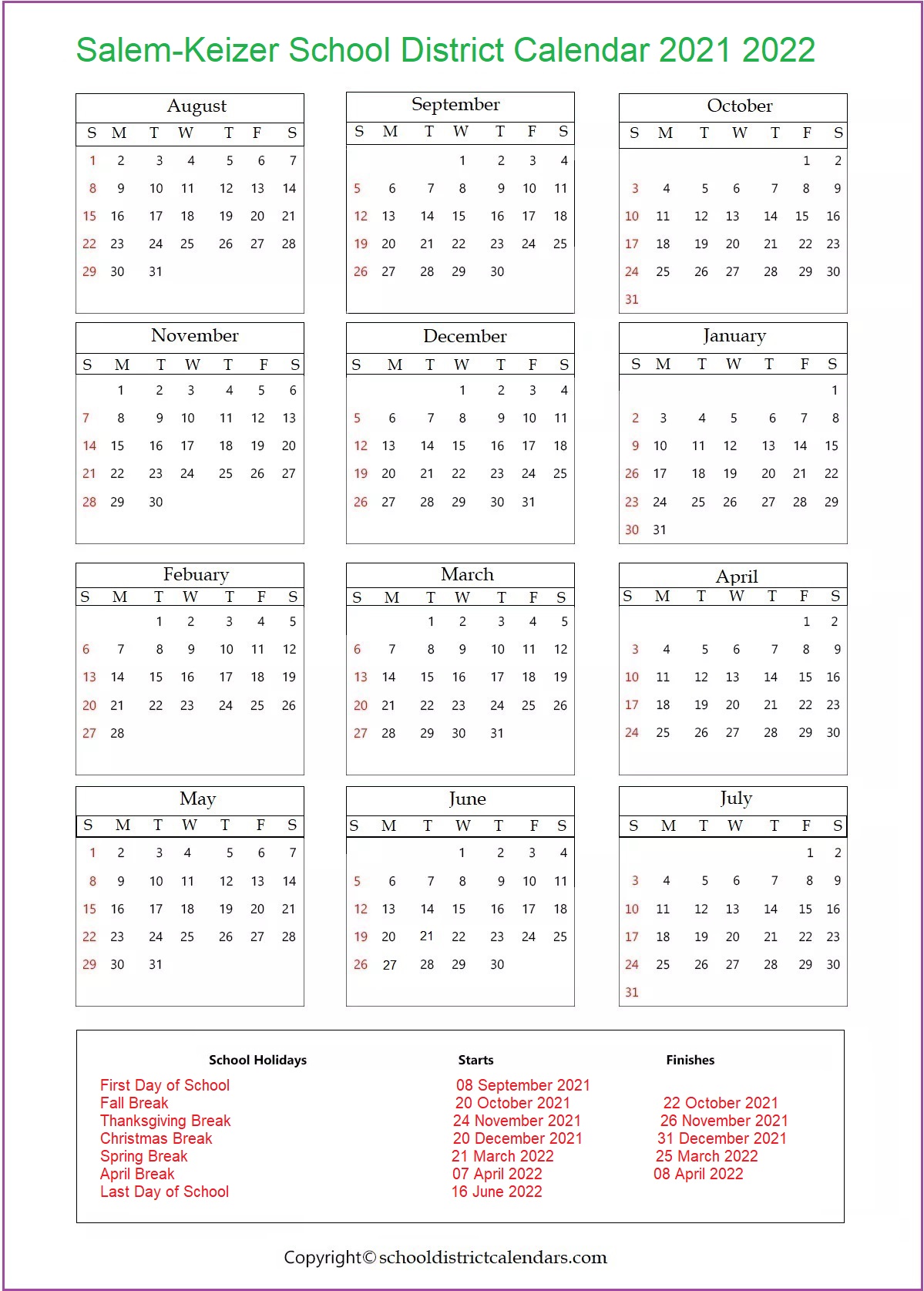 Salem-Keizer School District, Oregon Calendar Holidays 2021-2022