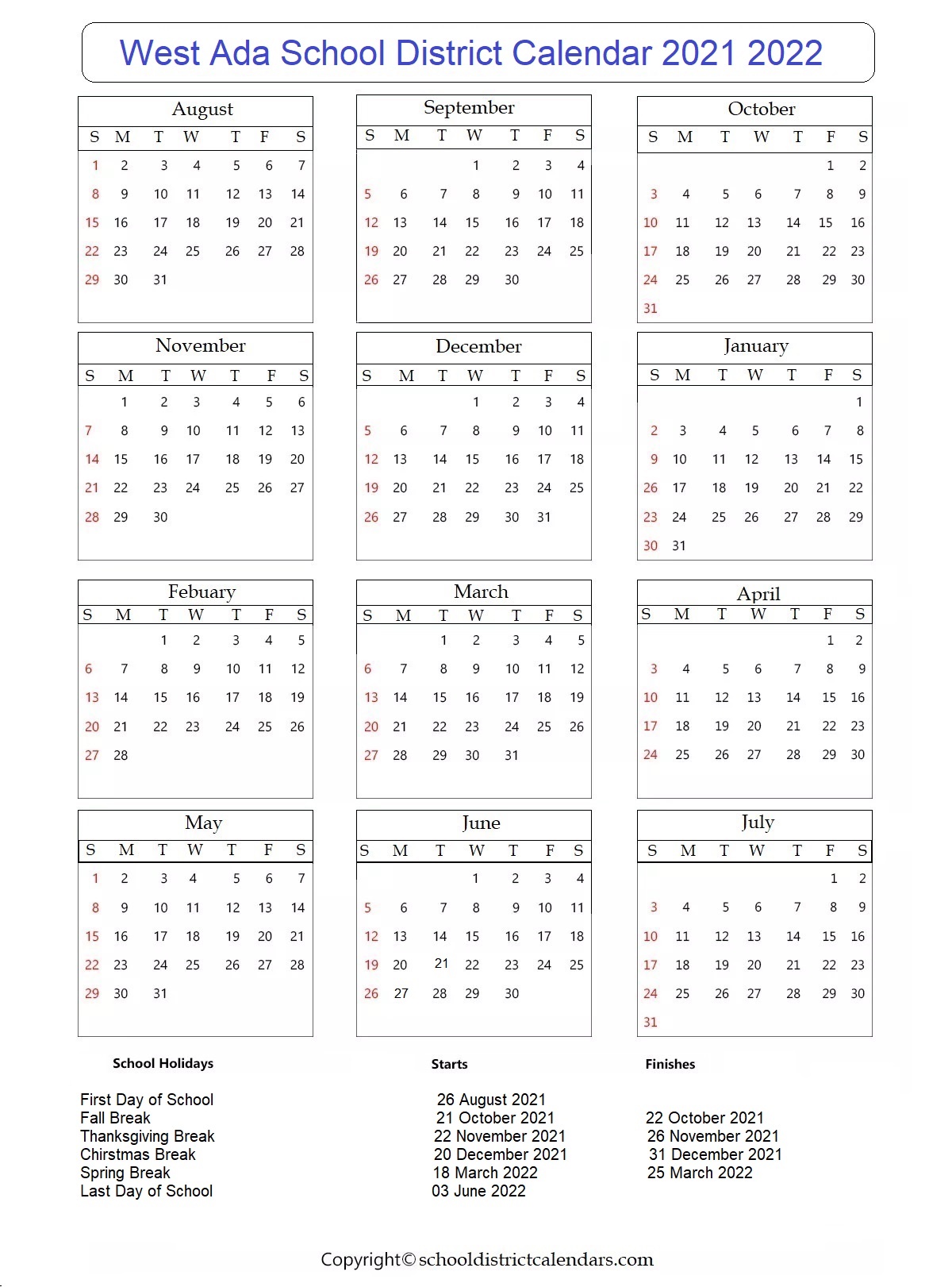 West Ada School District Calendar 2021 2022