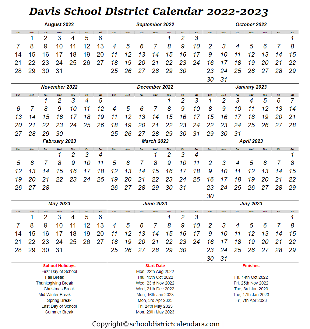 Davis School District Calendar 2022 2023 With Holidays In PDF