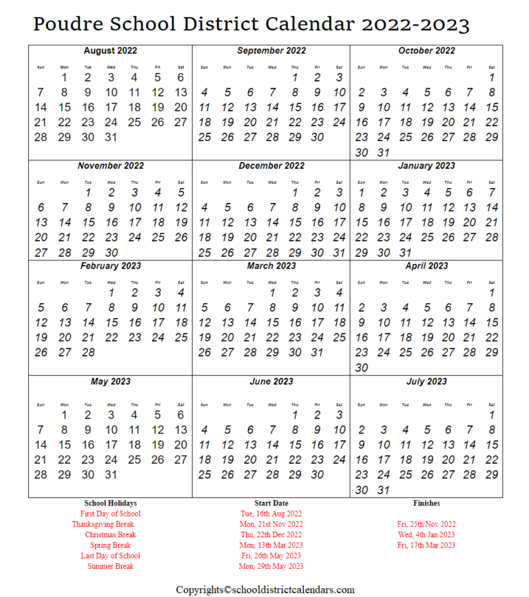 Poudre School District Calendar Holidays 20222023 School District