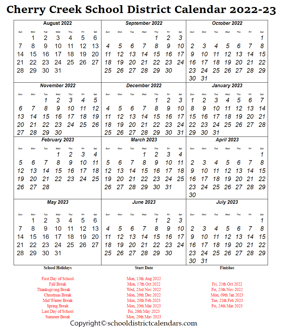 Cherry Creek School District, Colorado Calendar Holidays 2022-2023