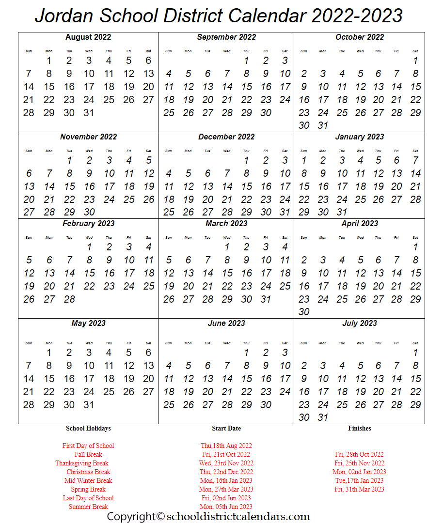 Jordan School District 2022 2023 Calendar With Holidays PDF