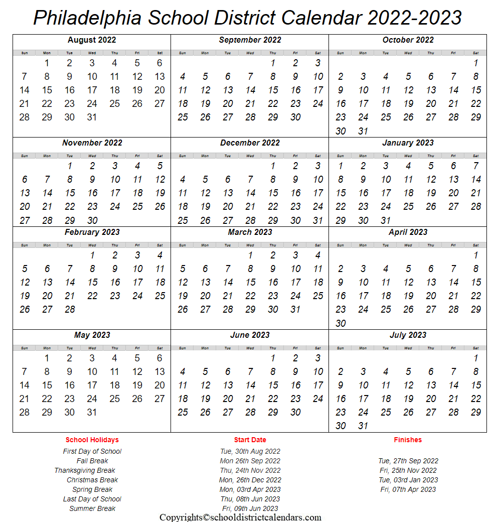 Philadelphia School District Calendar 2022-2023