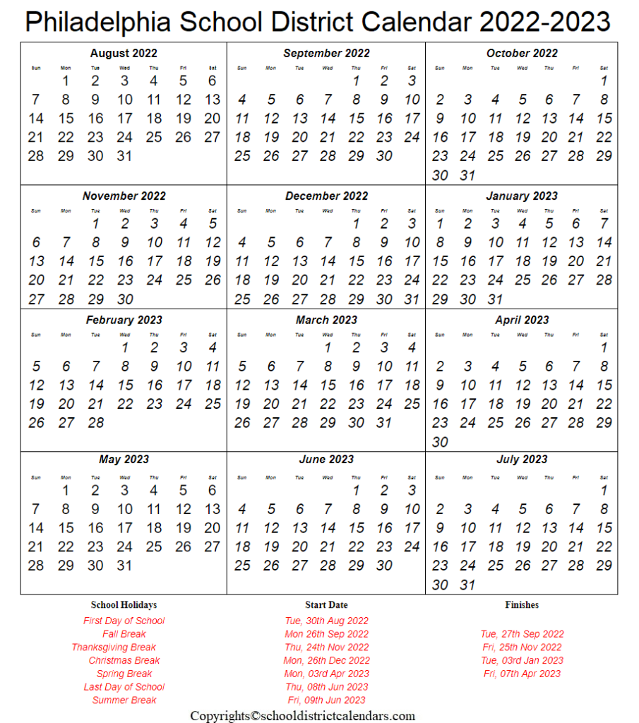 Philadelphia School District Calendar 20222023 With Holidays in PDF