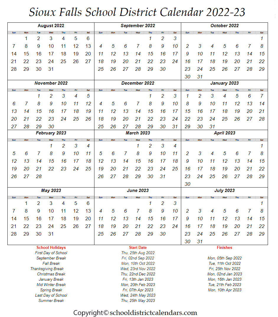 Sioux Falls District School Calendar 20222023 With Holidays