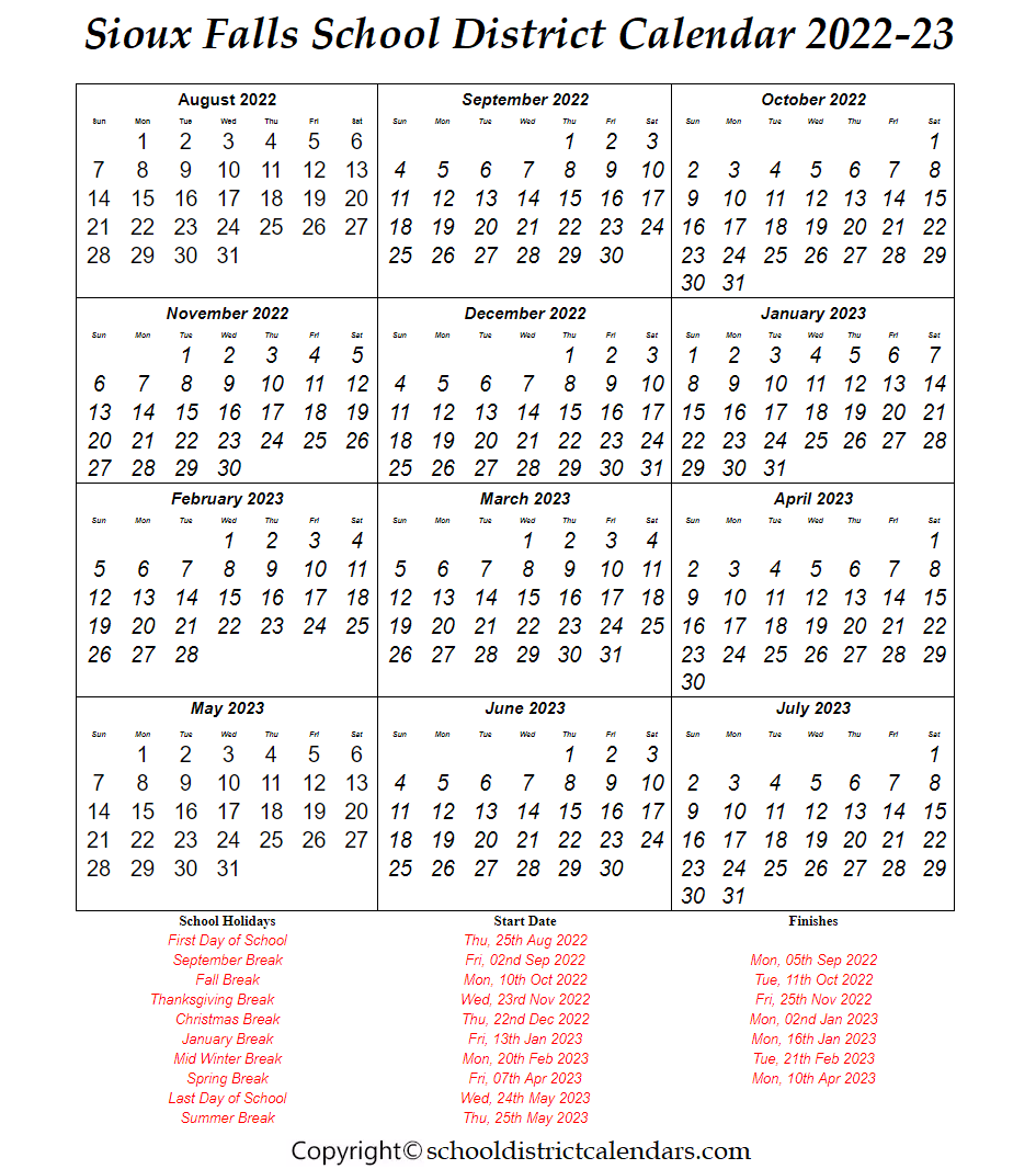 Sioux Falls School District, South Dakota Calendar Holidays 2022-23