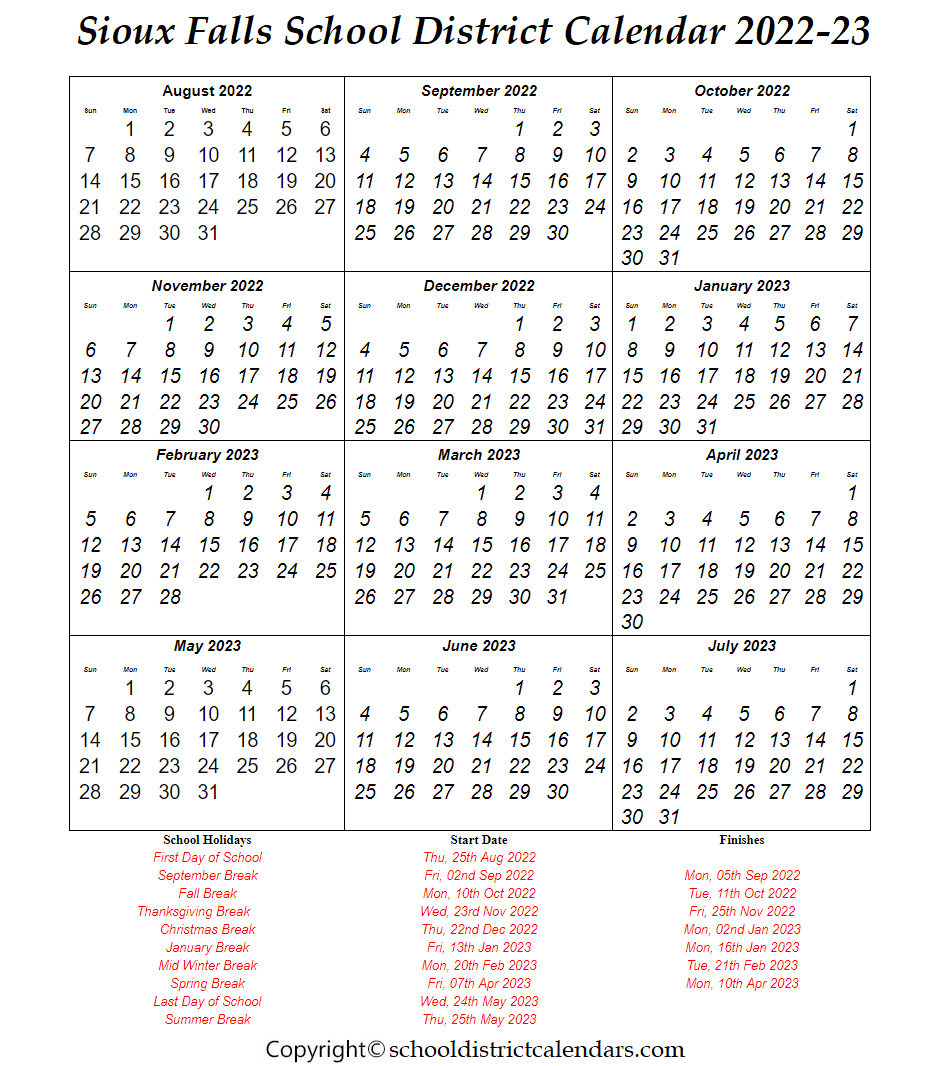 Sioux Falls District School Calendar 2022 2023 With Holidays
