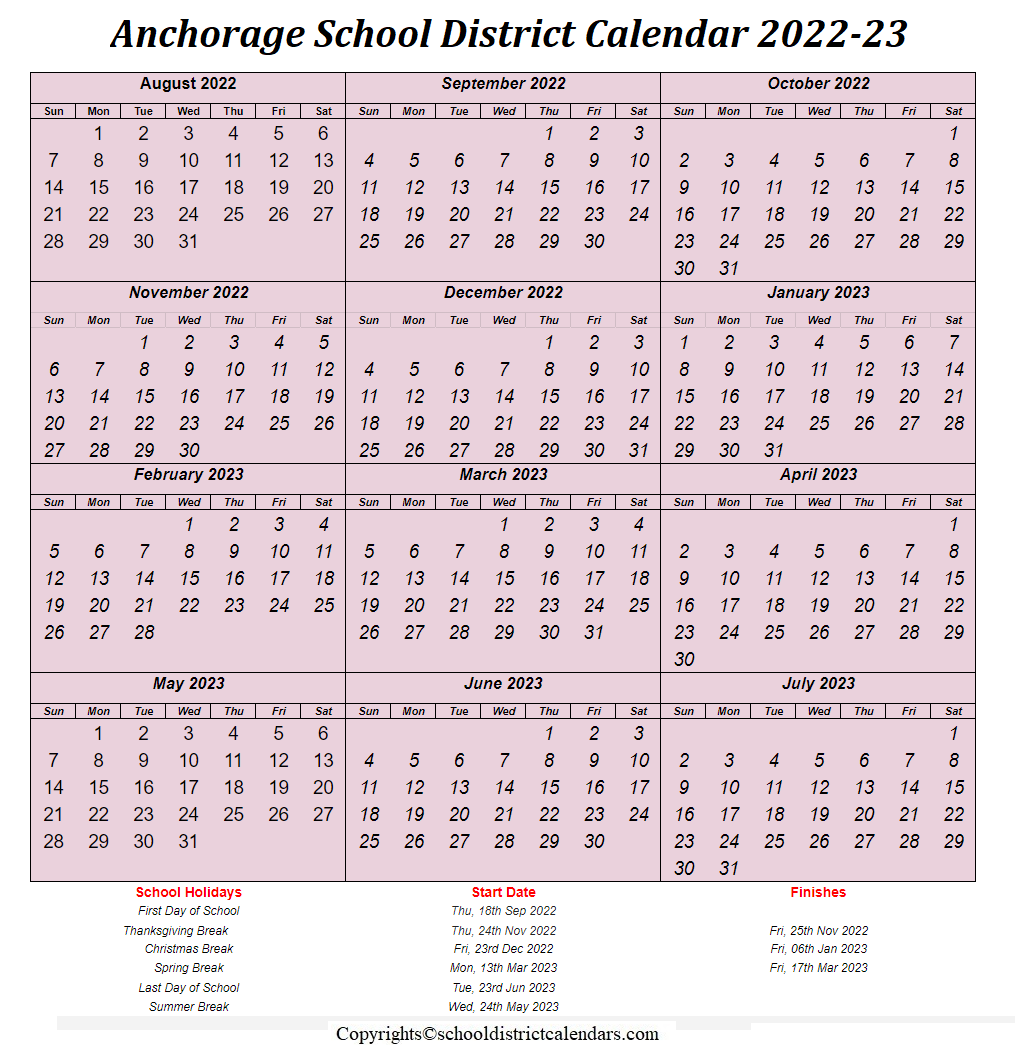 Anchorage School District 20222023 Calendar With Holidays
