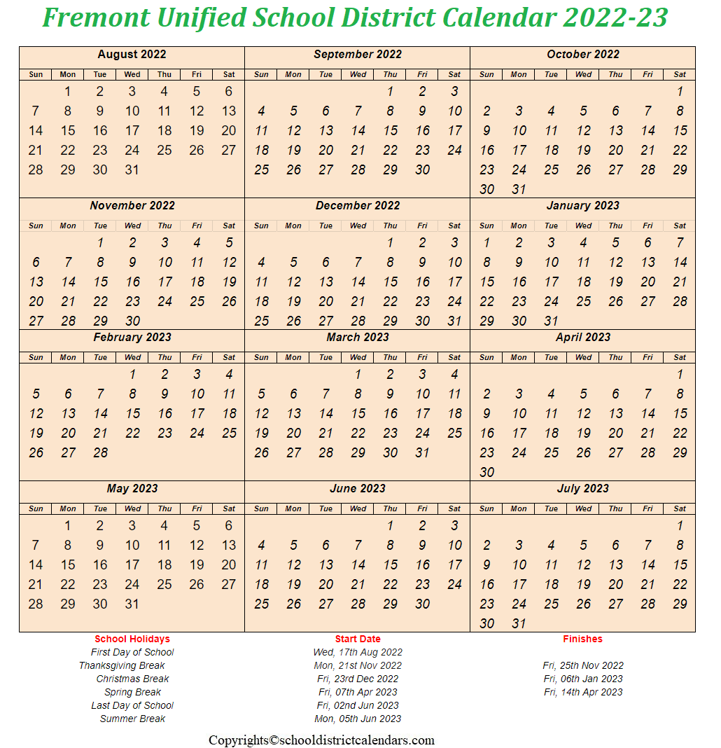 Fremont Unified School District Calendar 2022-2023