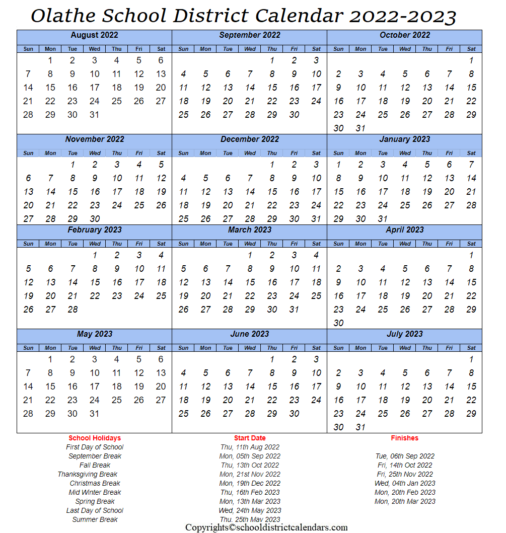 Olathe School District Calendar 2022-2023