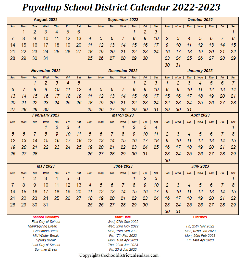 Puyallup School District Calendar 2022 2023 Holidays