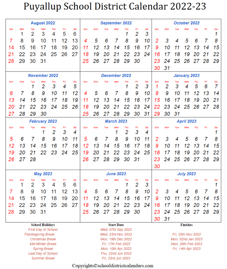 Puyallup School District Calendar 2022-2023 Holidays