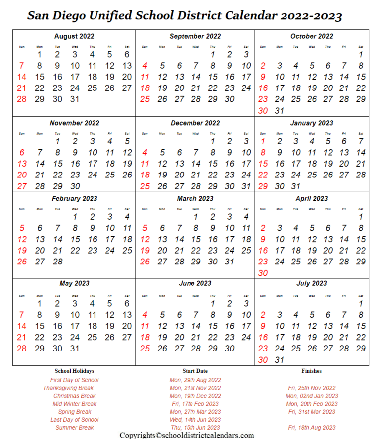 San Diego Unified Academic School District Calendar 2022-2023