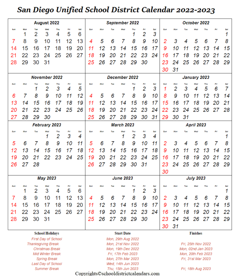 San Diego Unified Academic School District Calendar 2022 2023 San Diego Unified Academic School District Calendar 2022 2023