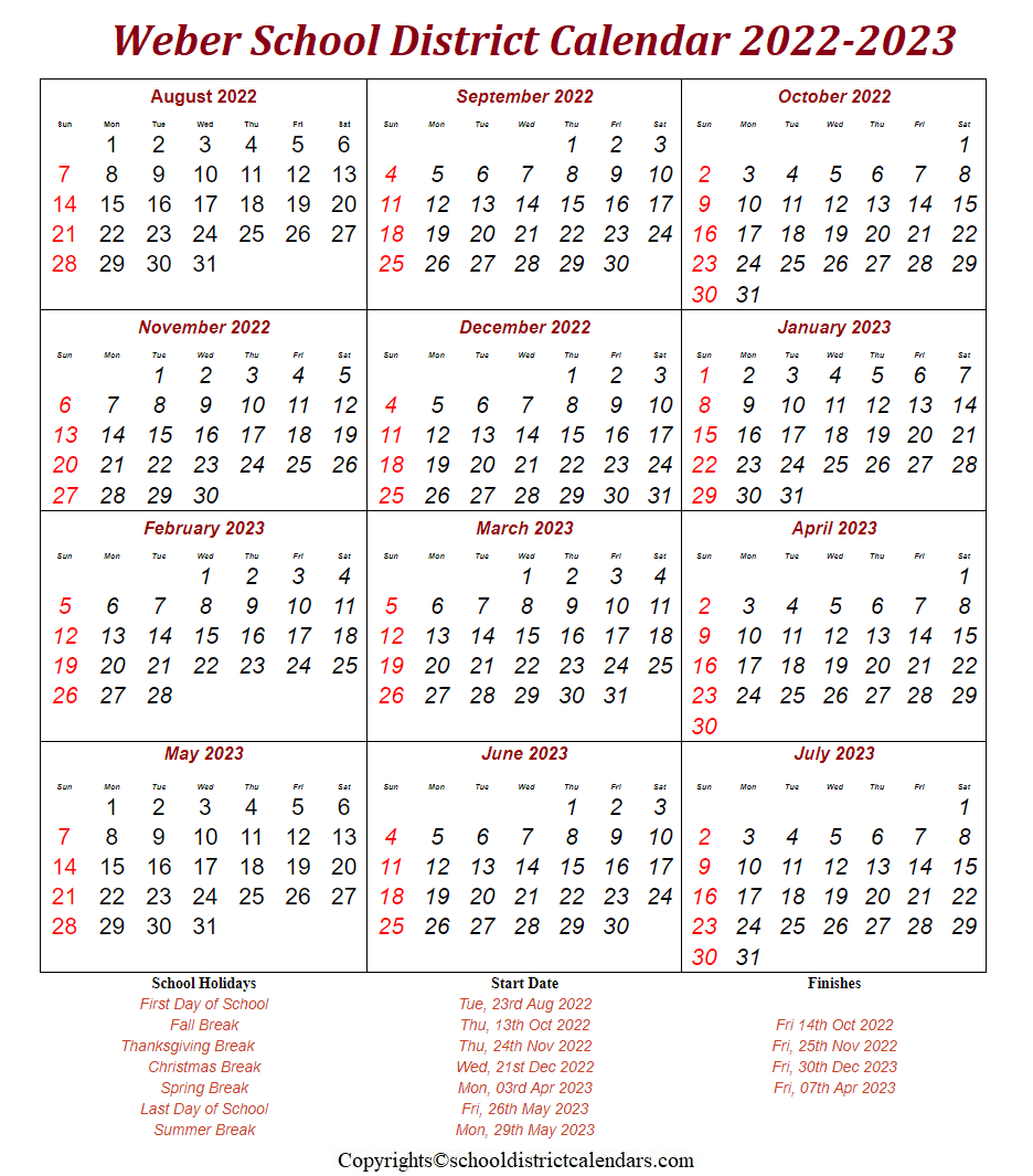 Weber School District, Utah Calendar Holidays 2022-2023
