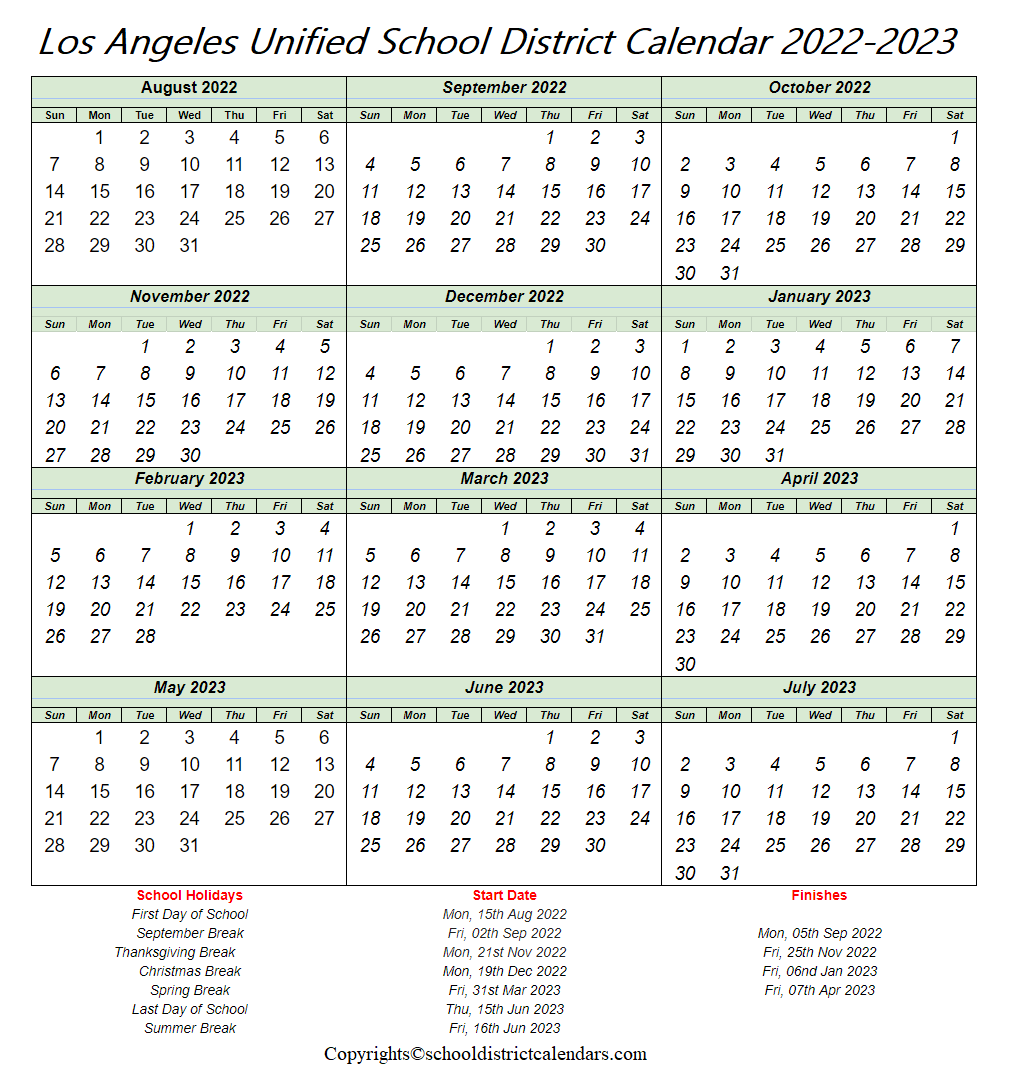 Los Angeles Unified School District Calendar 2022-2023