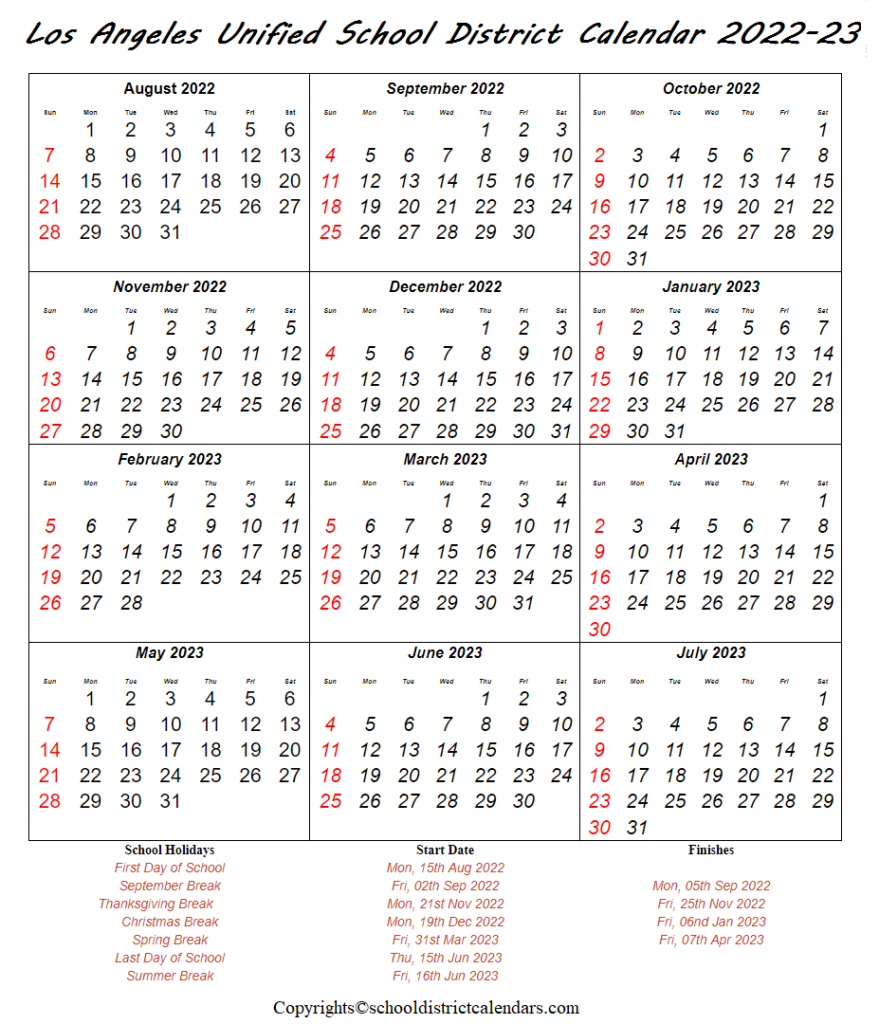 Los Angeles Unified School District Calendar 2022-2023 With Holidays