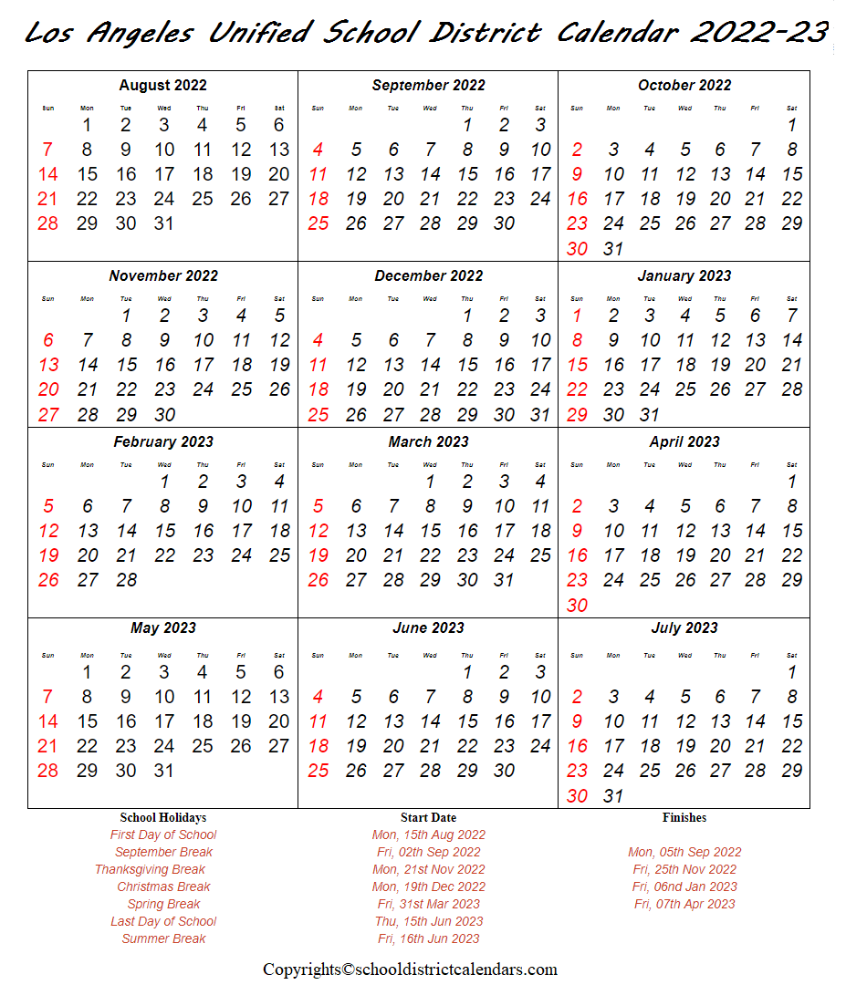 Los Angeles Unified School District, California Calendar Holidays 2022-2023