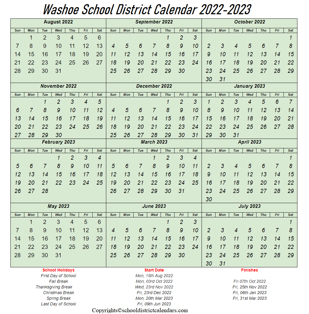 Washoe School District 2022 2023 Calendar With Holidays