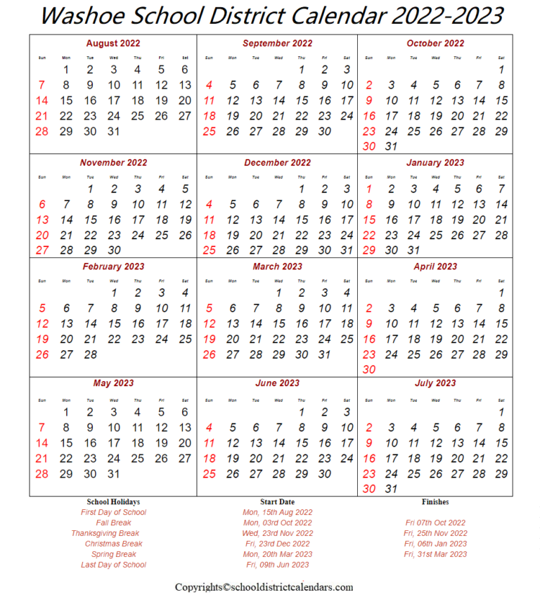 Washoe School District 2022 2023 Calendar With Holidays Washoe School District 2022 2023 Calendar With Holidays