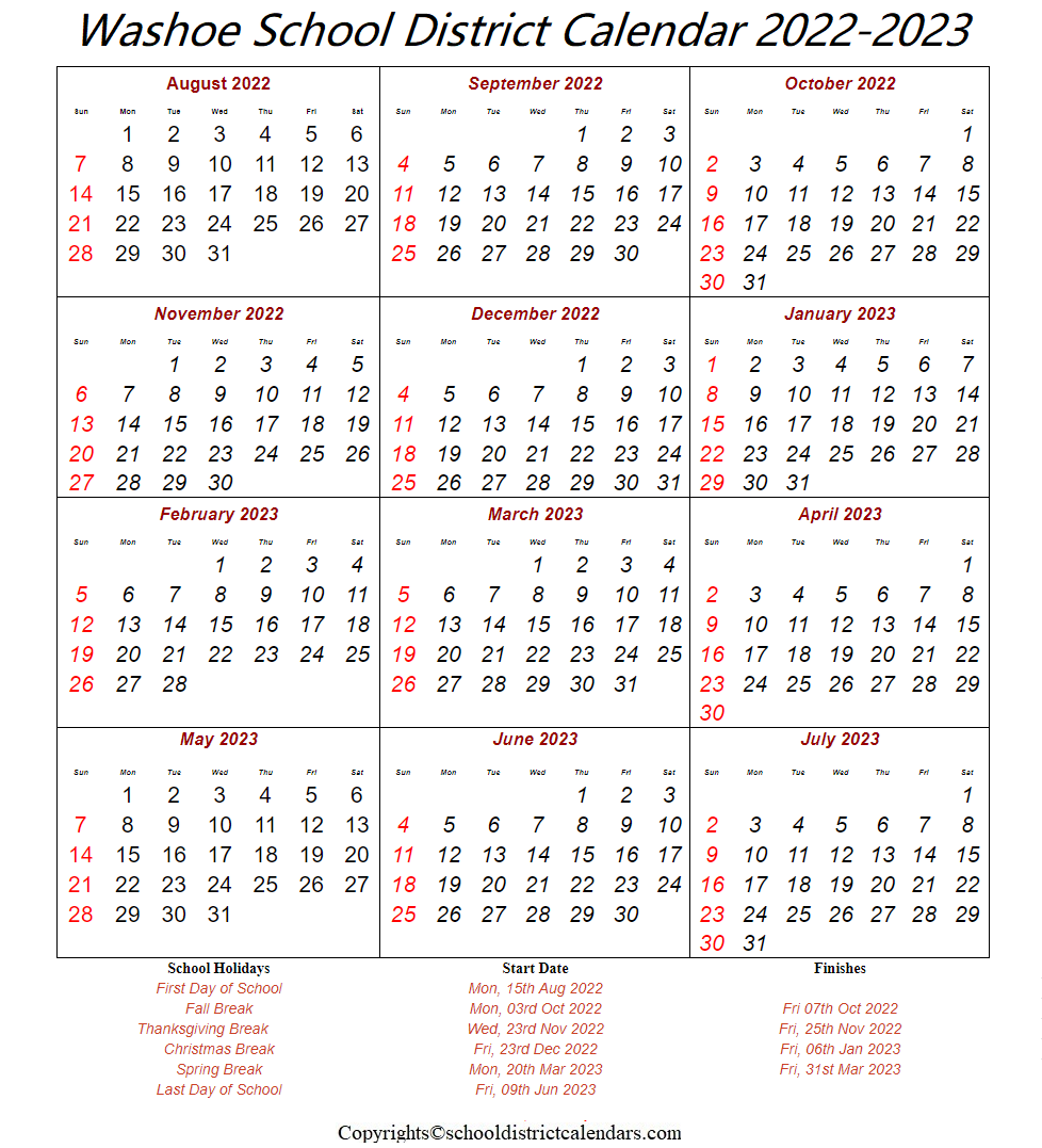Washoe School District 2022 2023 Calendar With Holidays Washoe School District 2022 2023 Calendar With Holidays