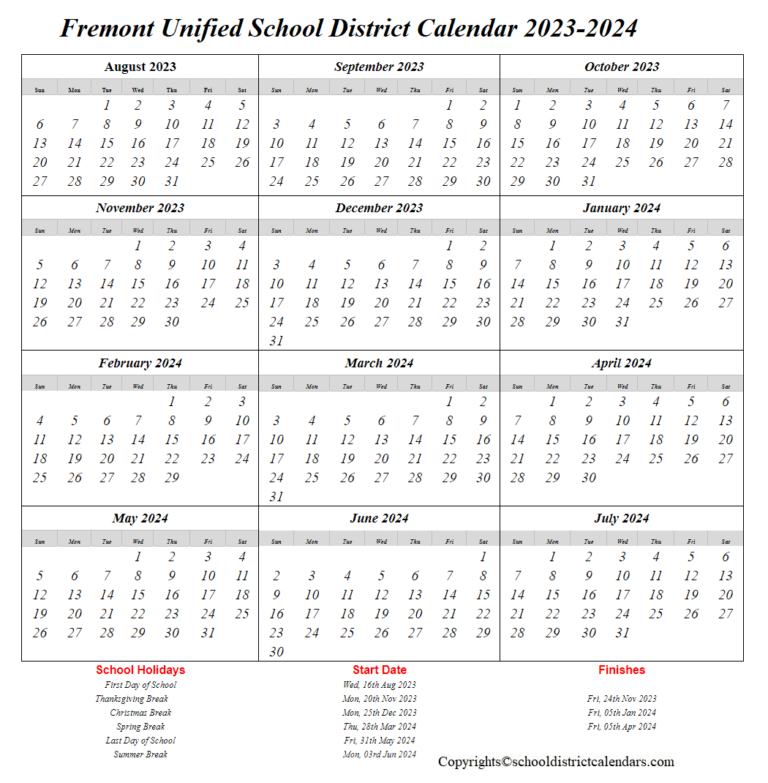 Fremont Unified School District Calendar 2023-2024 School District ...