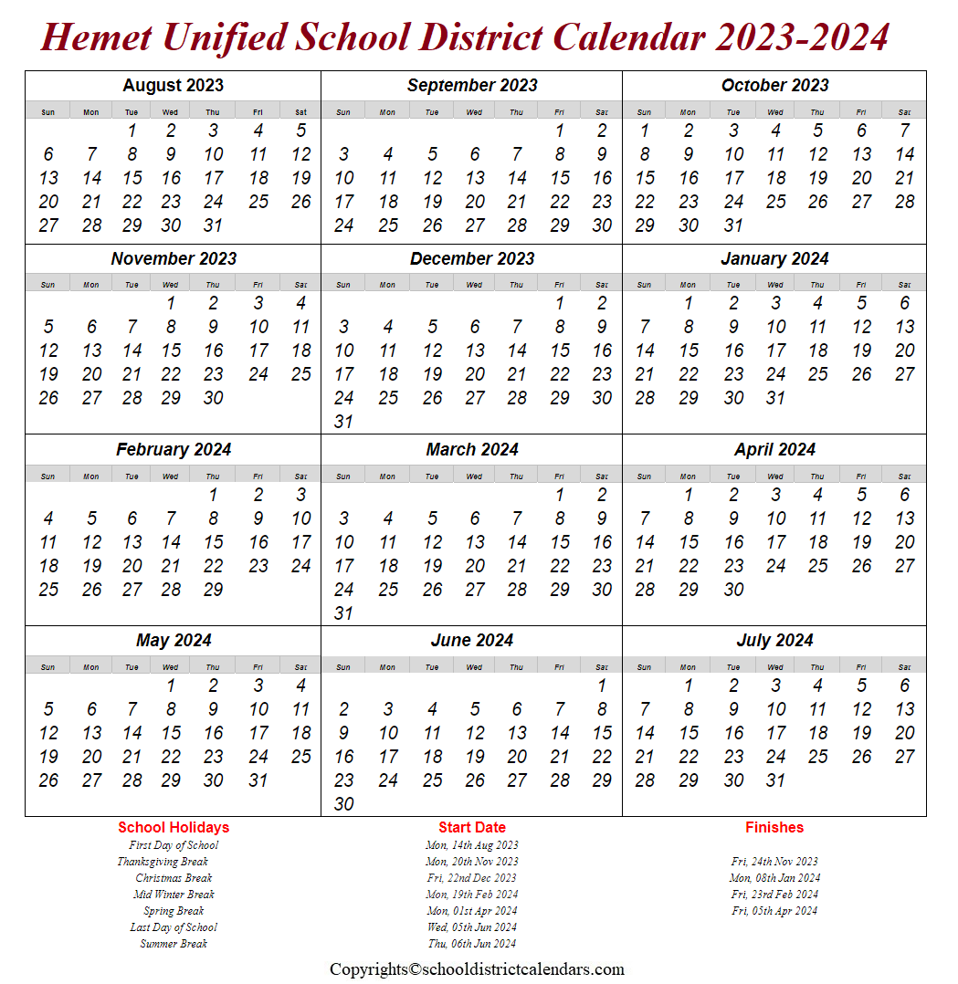 Hemet Unified School District Calendar 2023-2024