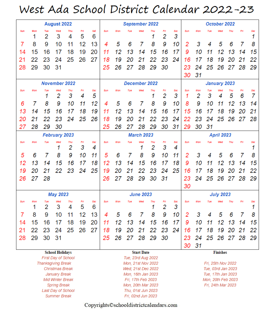 West Ada School District 2022-2023 Calendar With Holidays