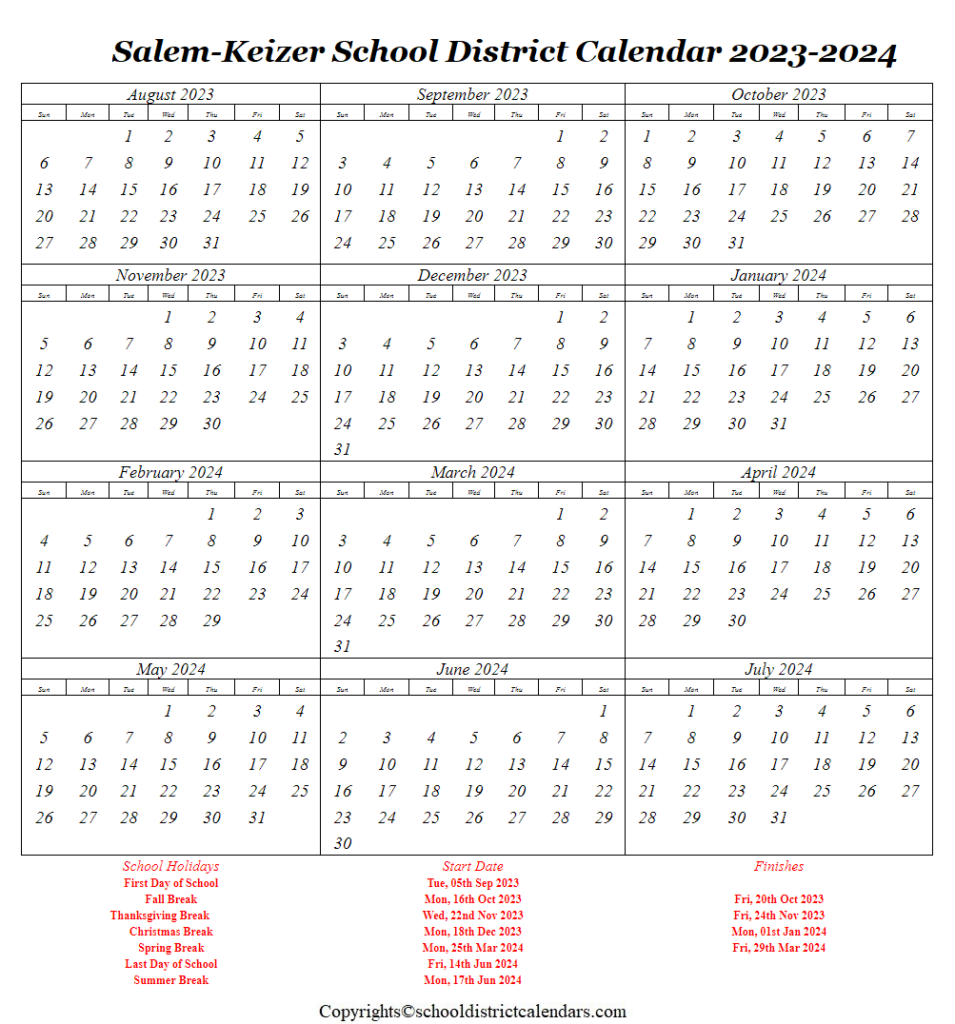 SalemKeizer School District, Oregon Calendar Holidays 20232024 School