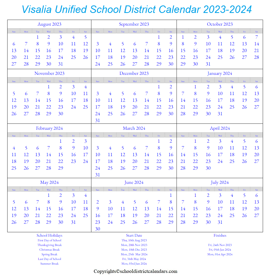 Visalia Unified School District Calendar 2023-2024