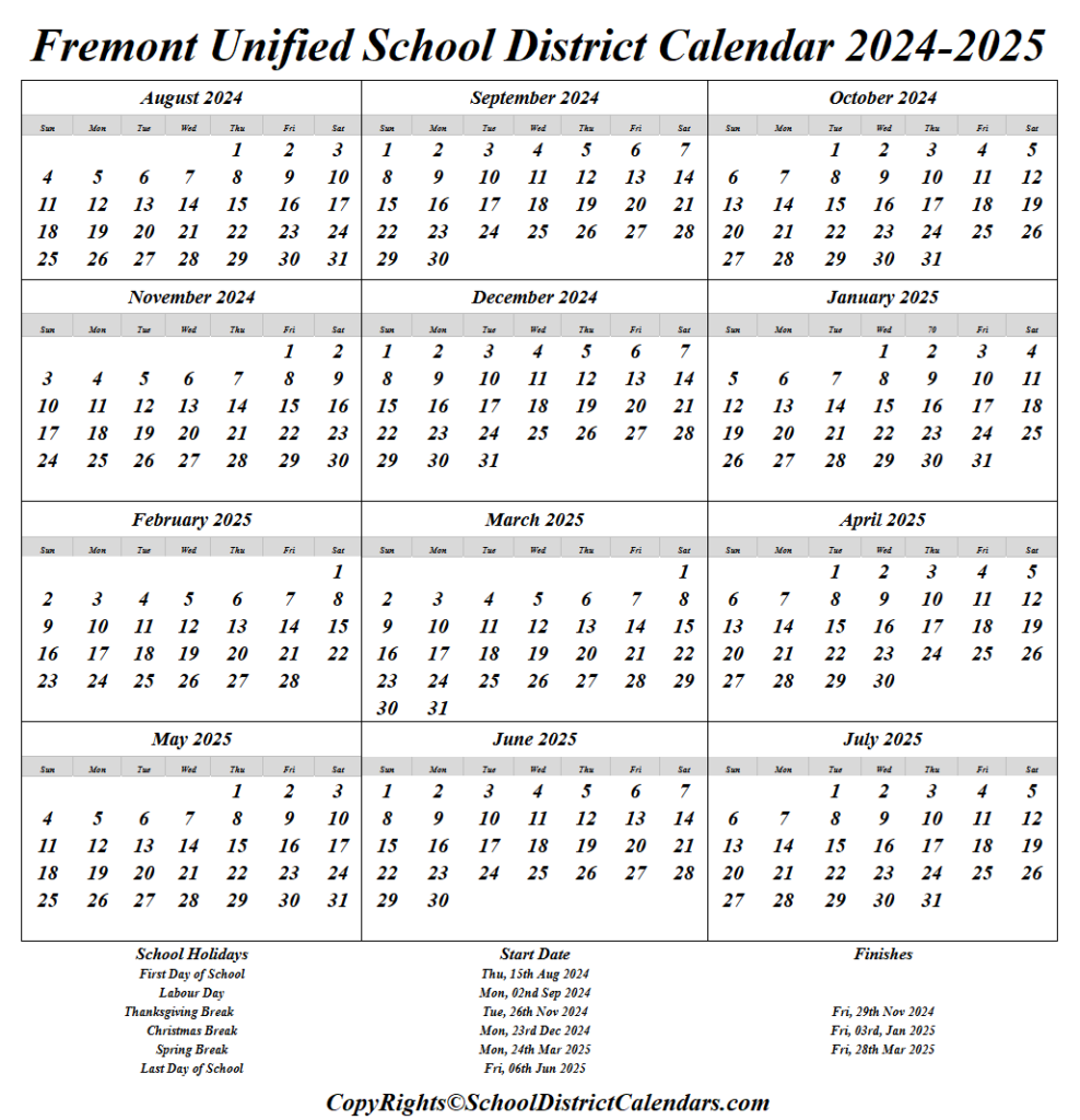 Fremont Unified Academic School District 2024 25 Calendar With Holidays Fremont Unified Academic School District 2024 25 Calendar With Holidays