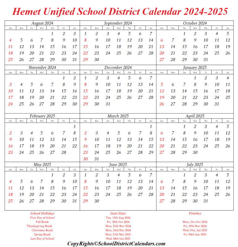 Hemet Unified School District 20242025 Calendar With Holidays