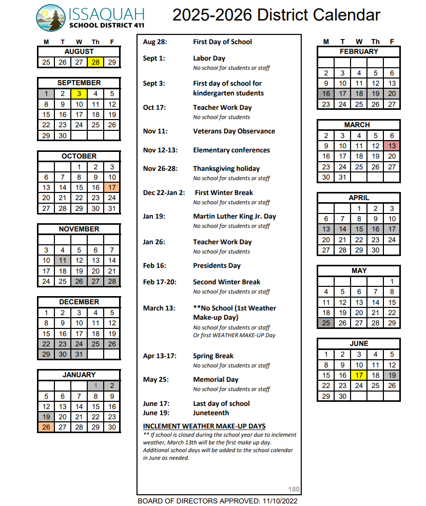 Issaquah County School District Proposed Calendar 2025-2026