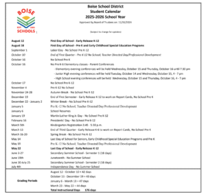 Boise County School District Proposed Calendar 2025-2026