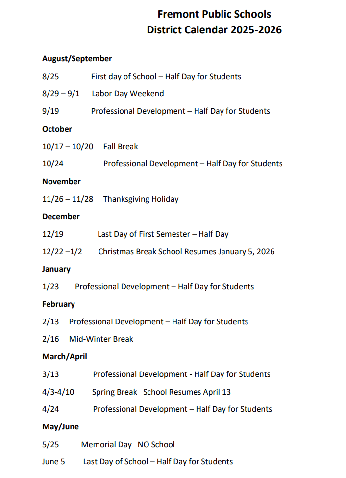 Fremont Unified County School District Proposed Calendar 2025-2026